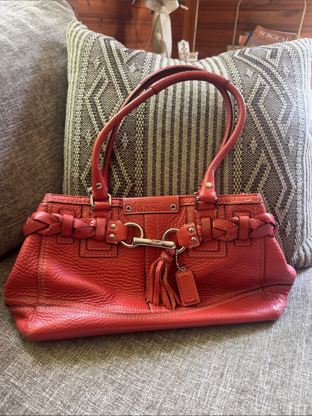 Coach Red Leather Shoulder Bag with Braided Trim and Tassel